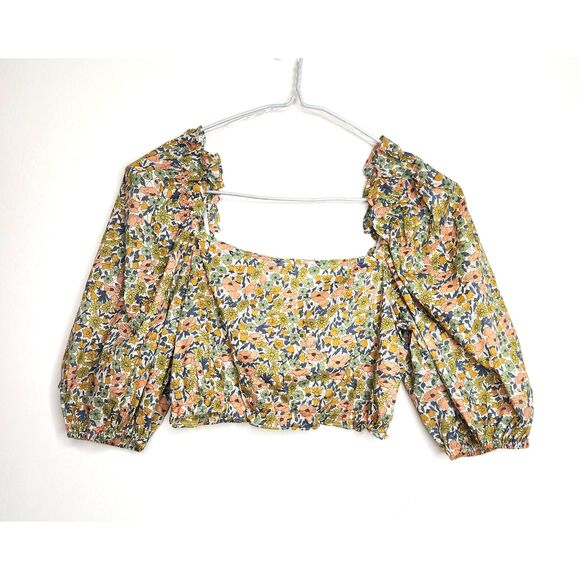 Blush J Floral Puffy Sleeve Top NWT 1/2 Sleeves Milkmaid Crop Blouse Cotton Med. - Picture 4 of 7